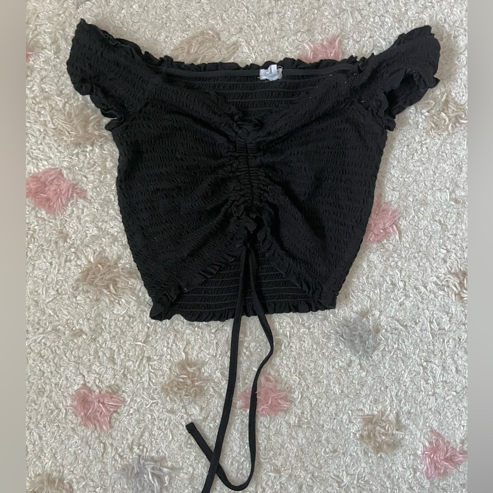 Garage Black Textured Off-Shoulder Crop Top